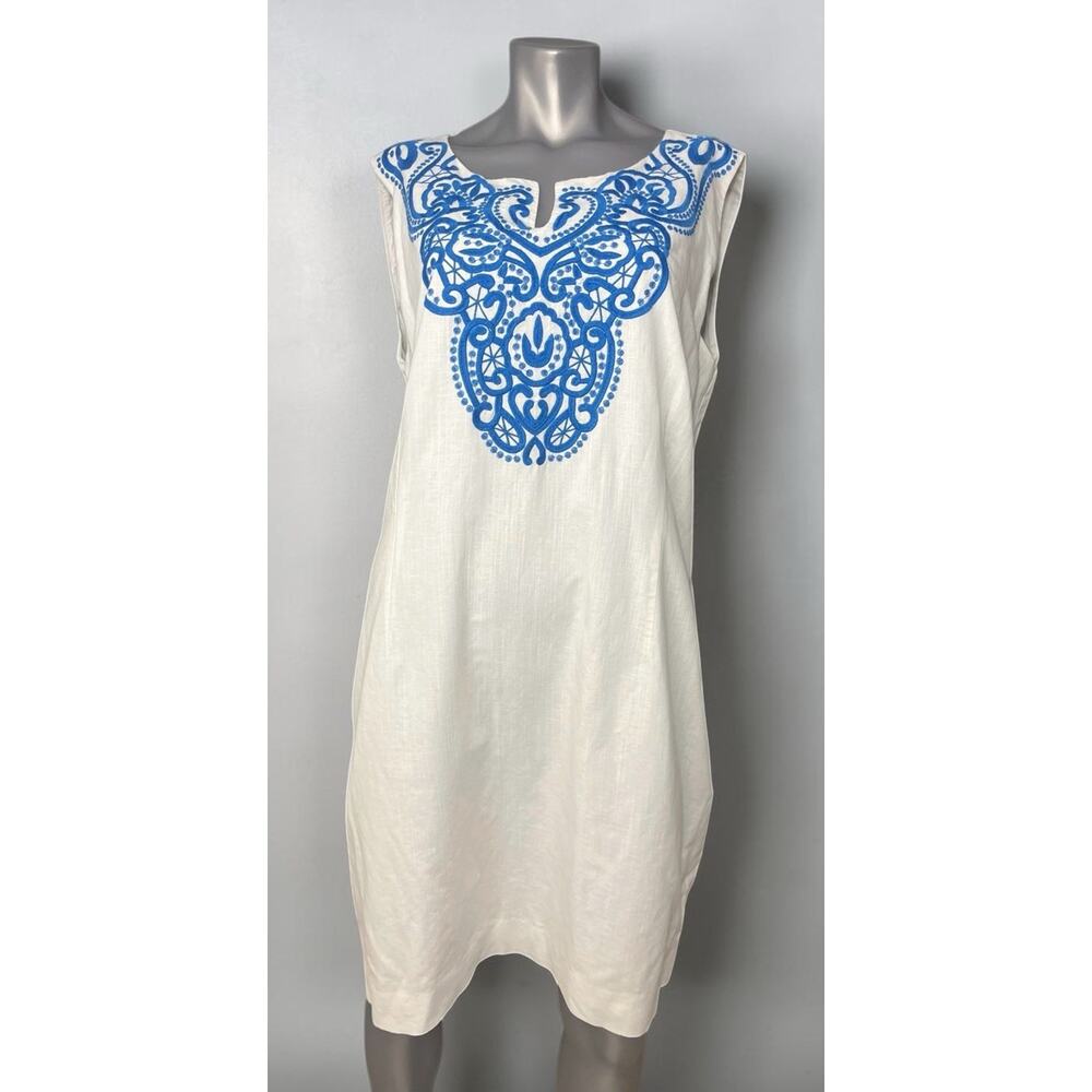 Talbots Dress White Blue Embroidered Lined Shift 20W Sleeveless Resort Wedding